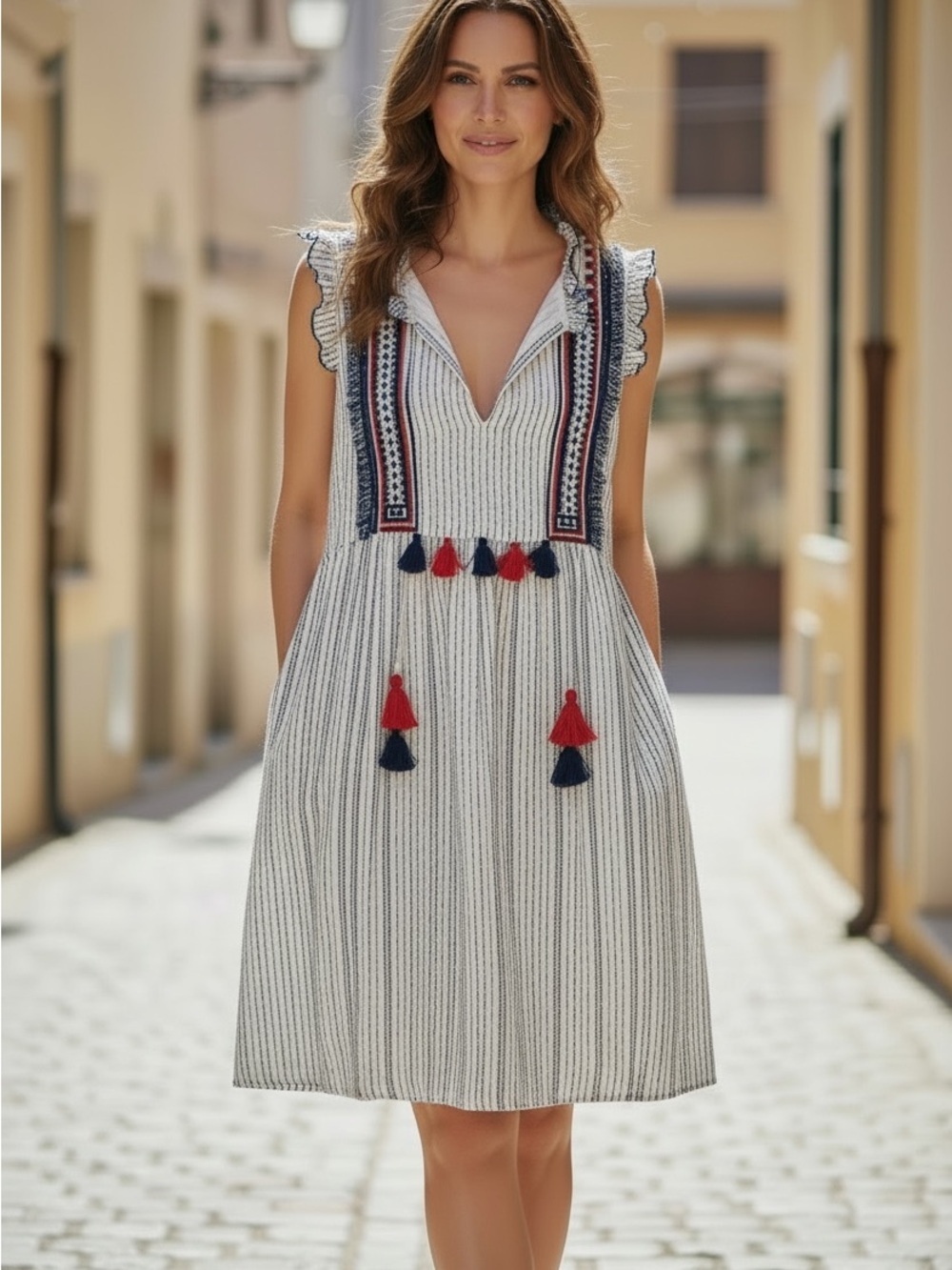 Charlie Paige Boho Tassel Cotton Gauze Sleeveless Ruffle Striped Mini Dress